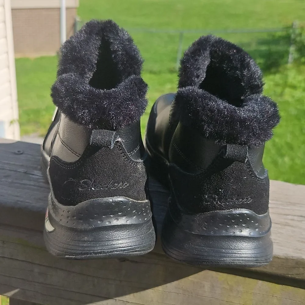 Skechers Black Leather Fur-Lined Ankle Boots Slip-On Comfort Shoes Size 8.5